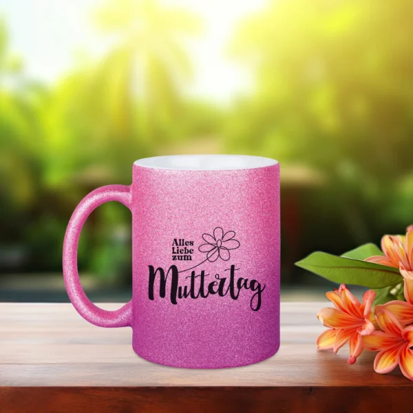 alles liebe glitzertasse muttertag pink lila links | tassenparadies.de
