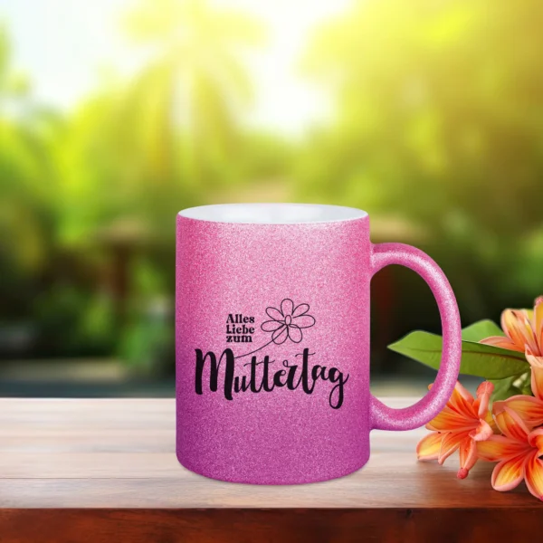 Glitzertasse Muttertag in pink lila mit dem Text - Alles Liebe zum Muttertag und einer Blume