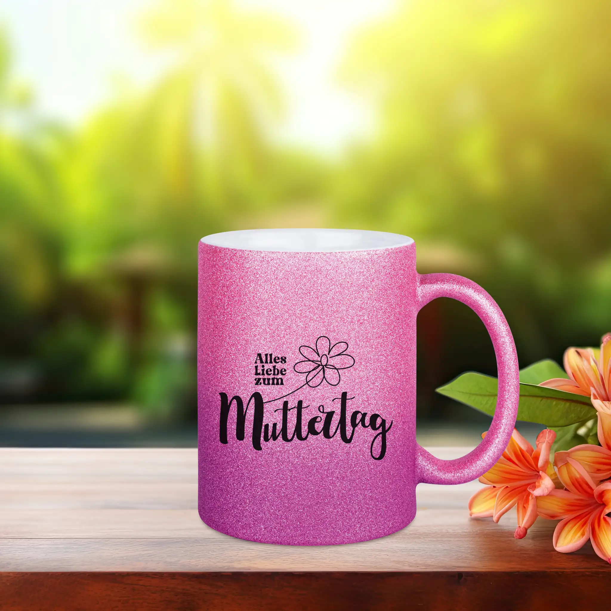 Glitzertasse Muttertag in pink lila mit dem Text - Alles Liebe zum Muttertag und einer Blume