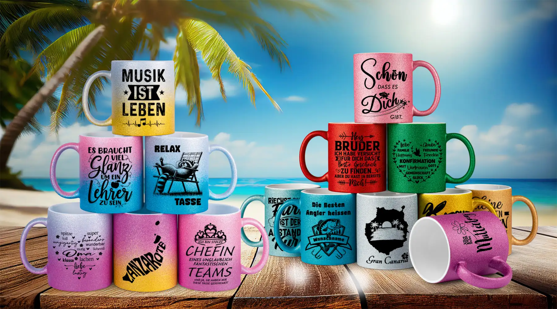 Große Auswahl an Glitzertassen in vielen Farben