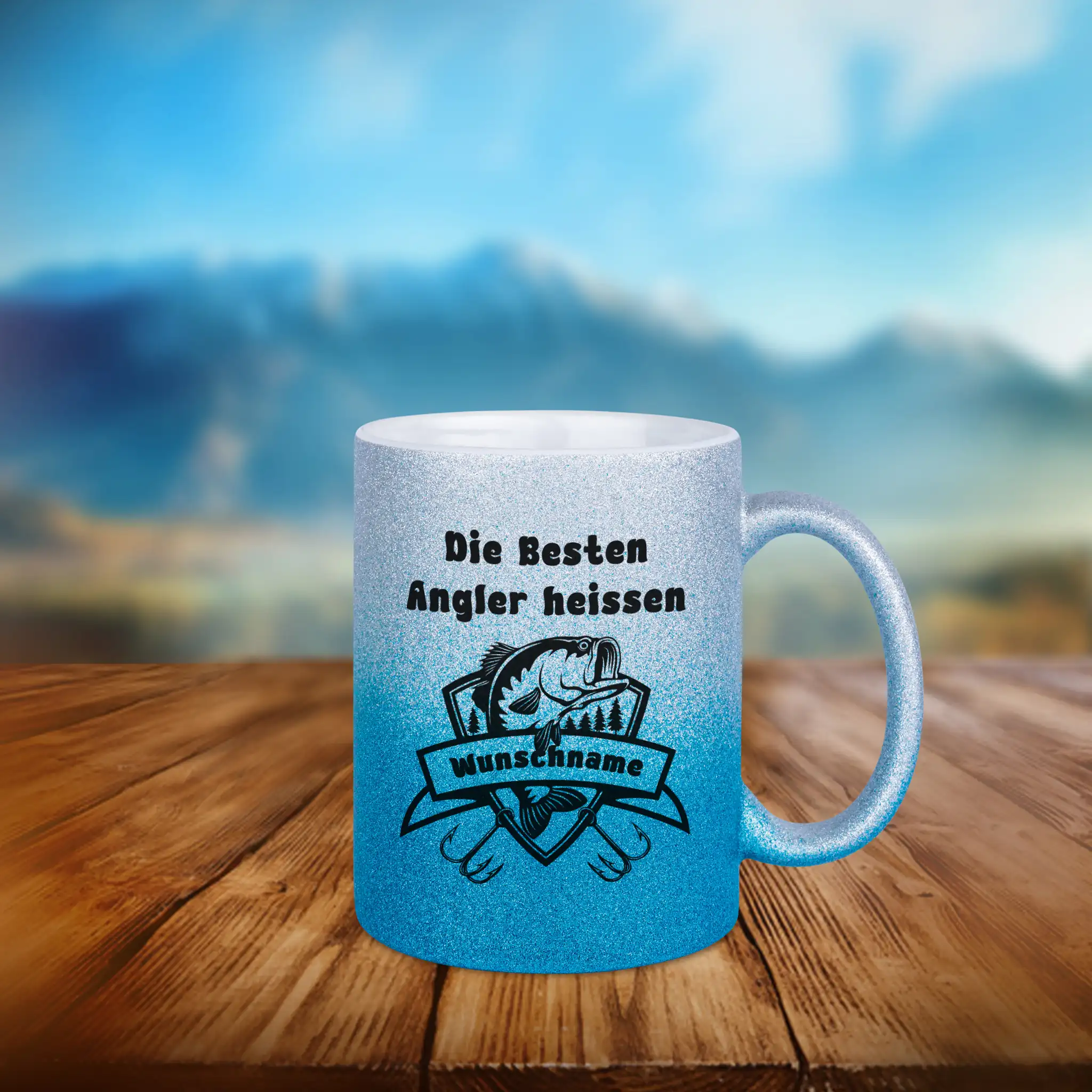 Das beste Angler Geschenk - Glitzertasse in blau silber mit dem Spruch - Die besten Angler heissen - mit Wunschname und einem Fischsymbol mit Fischhaken