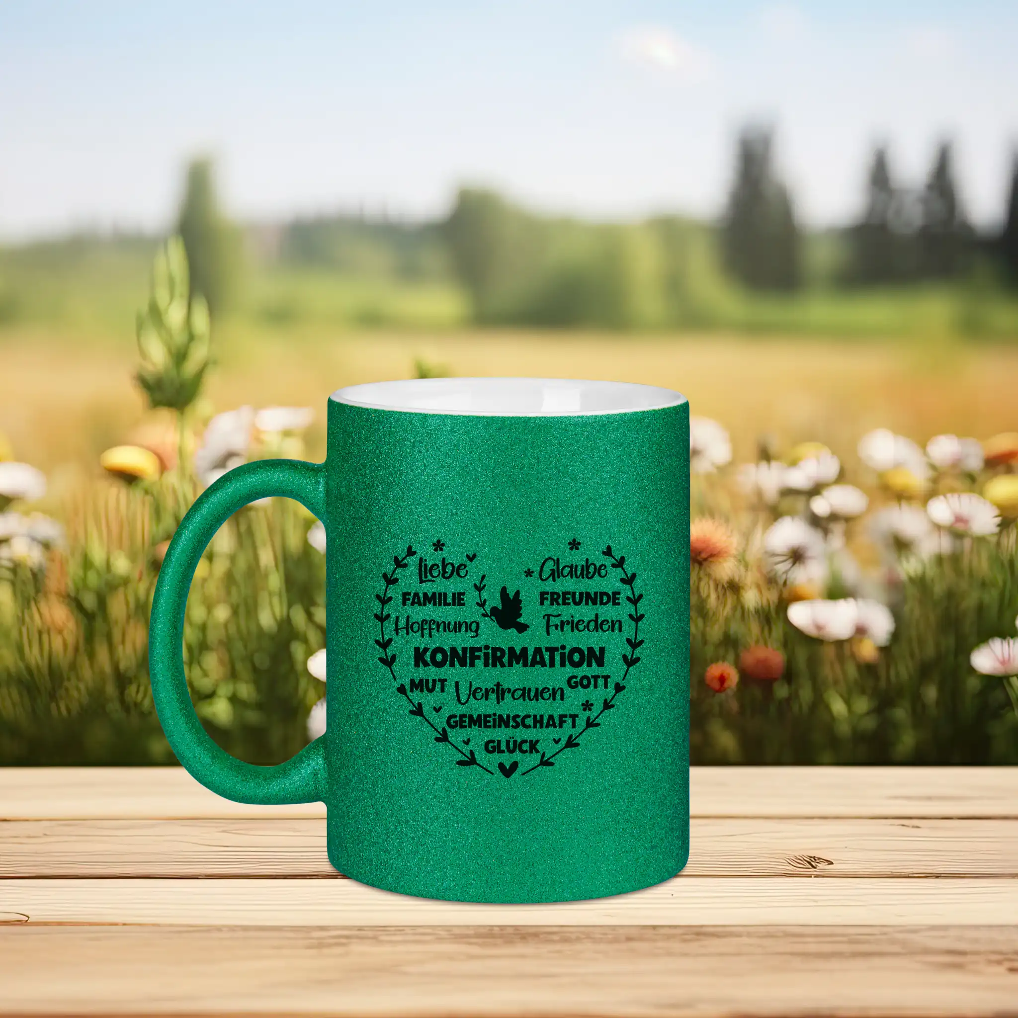 Glitzertasse - Wortblase Konfirmation mit Taube und Herzmotiv – Bild 3