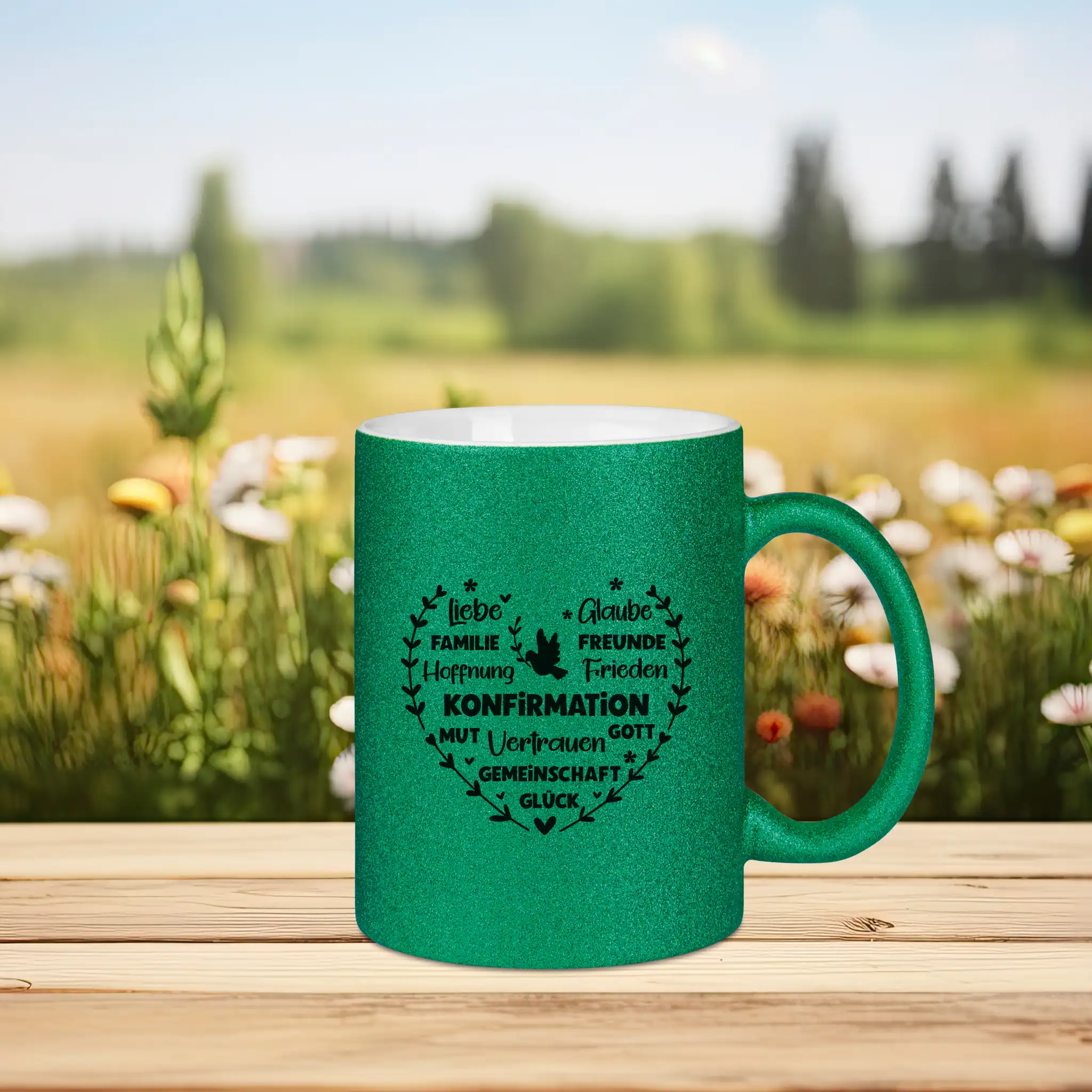 Glitzertasse Konfirmation in gruen mit Tauben und Herzmotiv mit vielen christlichen Worten