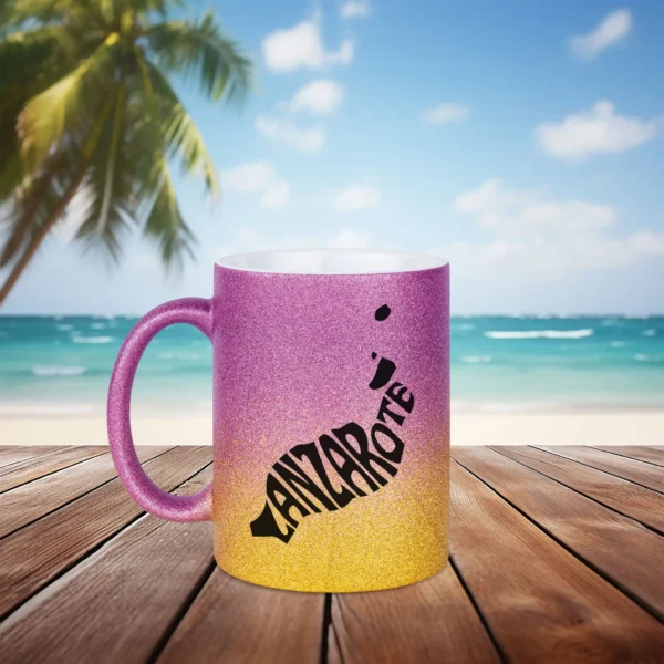 glitzertasse lanzarote gold lila links | tassenparadies.de
