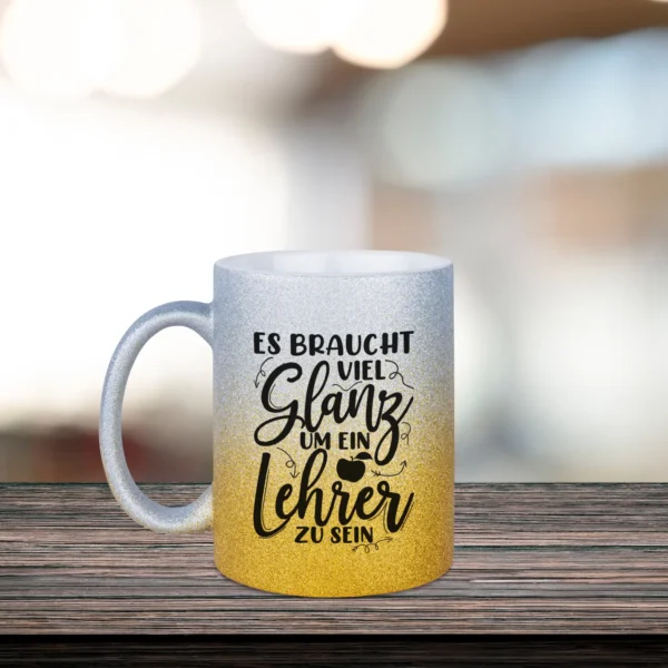 glitzertasse lehrer goldgelb silber links | tassenparadies.de