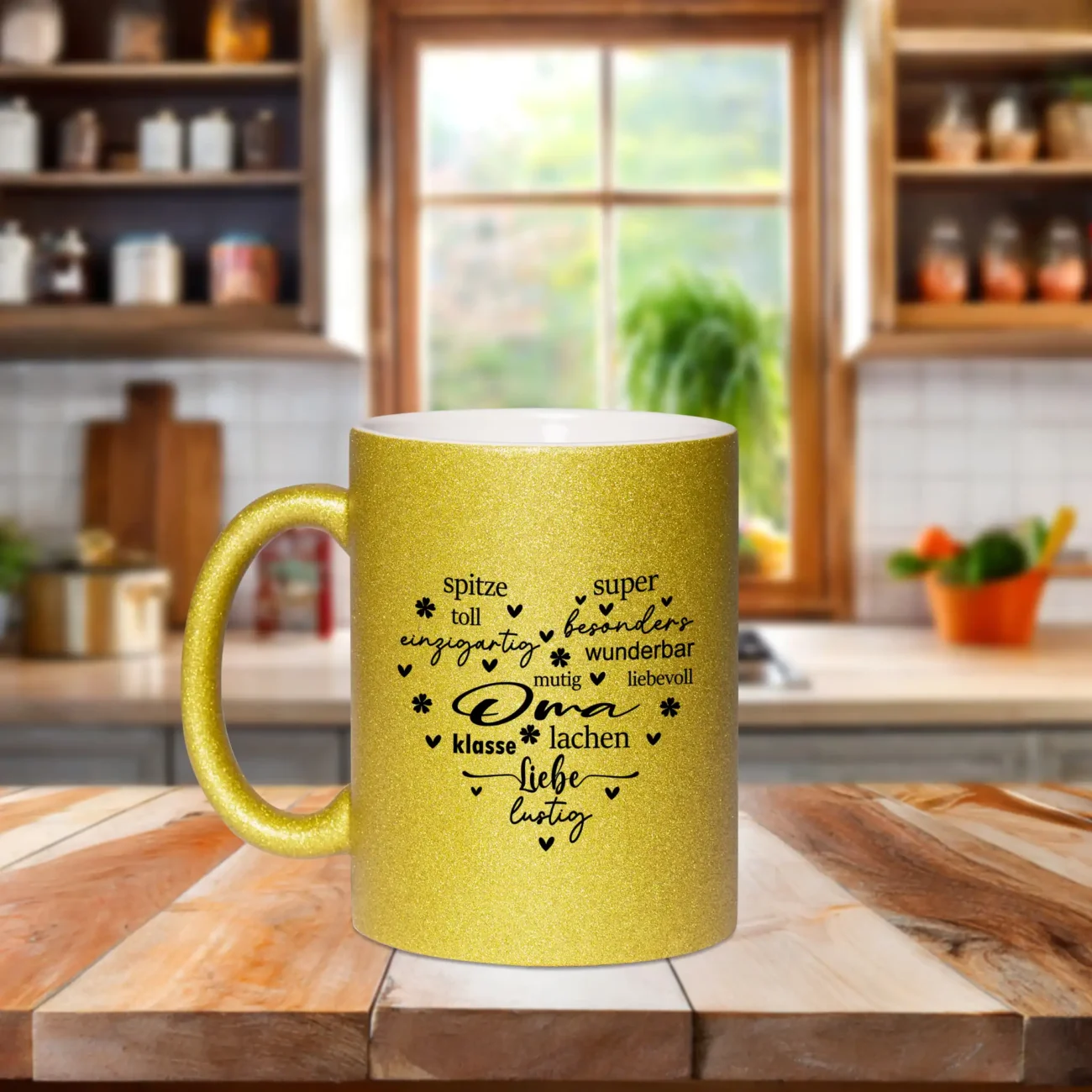 Glitzertasse Oma - Wortwolke mit liebevollen Worten in Herzform – Bild 3