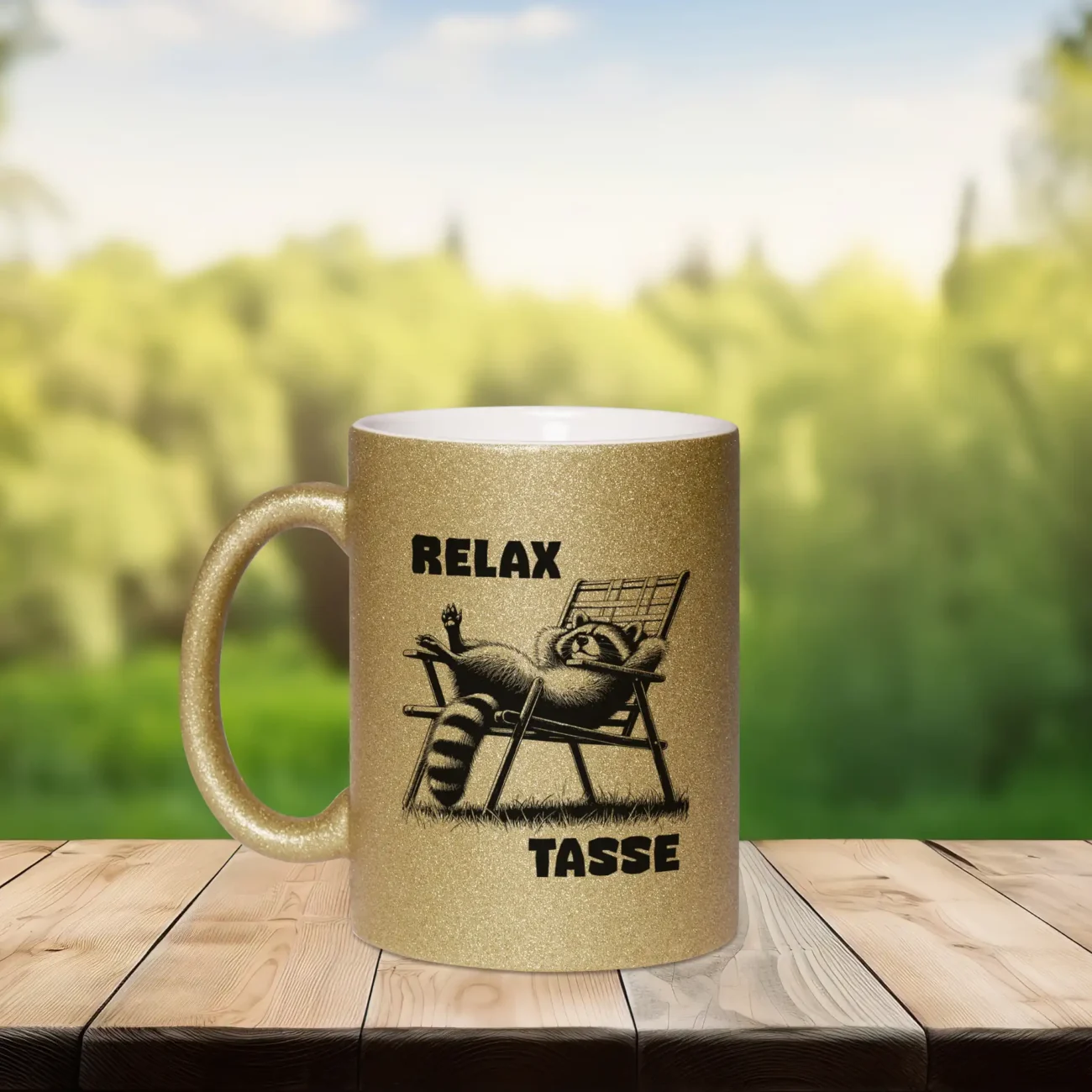 Glitzer Relax Tasse mit Waschbär im Liegestuhl – Bild 3