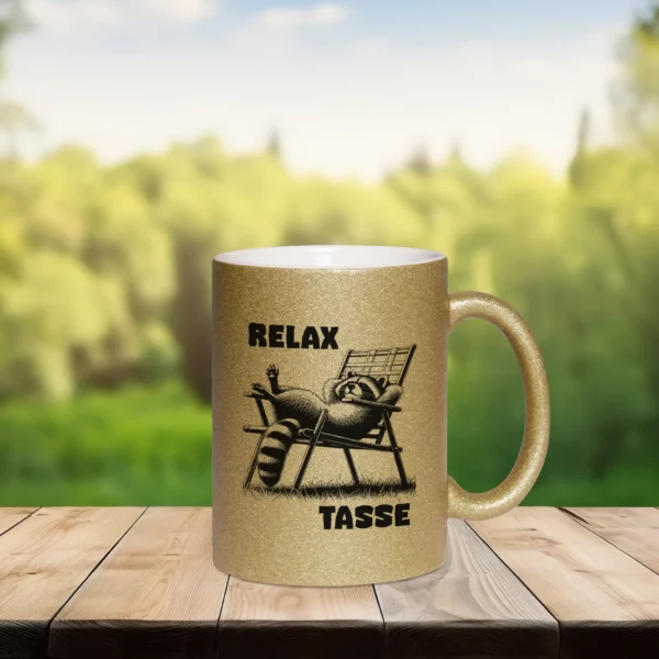 Glitzertasse in dunkelgold mit dem Text Relax Tasse und einem Waschbaer im Liegestuhl Motiv