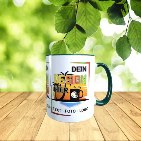 Dunkelgrüne Tasse gestalten exakt nach Wunsch.