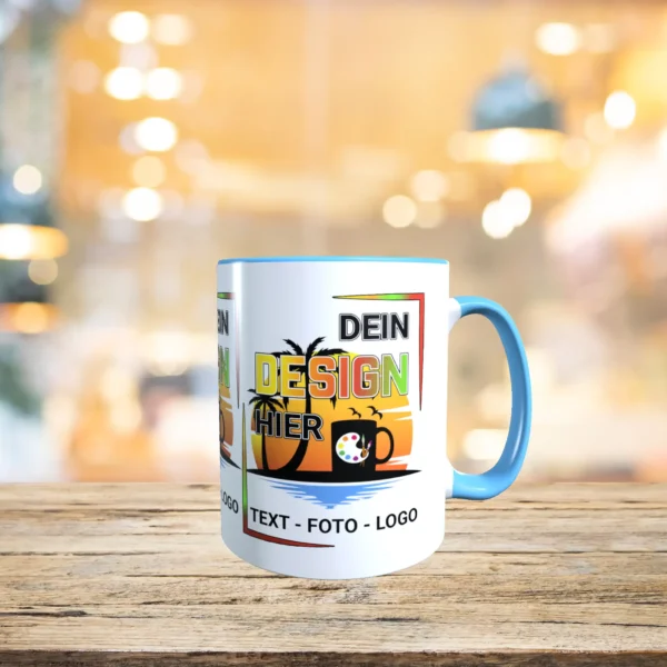 Hellblaue Tasse gestalten exakt nach Wunsch.