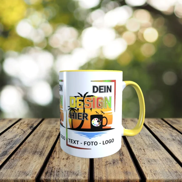 Hellgelbe Tasse gestalten exakt nach Wunsch.