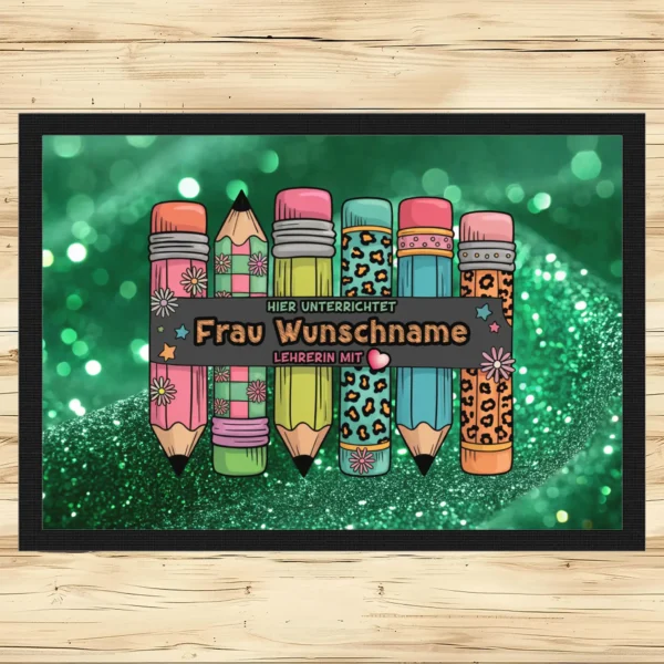 Fußmatte Lehrerin mit Herz mit Stiftemotiv und Wunschname grüner Glitzer