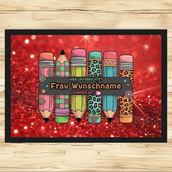 Fußmatte Lehrerin mit Herz mit Stiftemotiv und Wunschname roter Glitzer