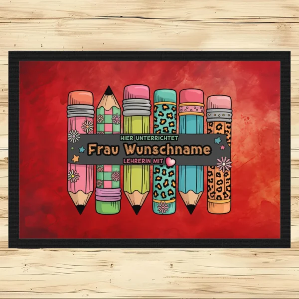 Fußmatte Lehrerin mit Herz mit Stiftemotiv und Wunschname Grunge rot