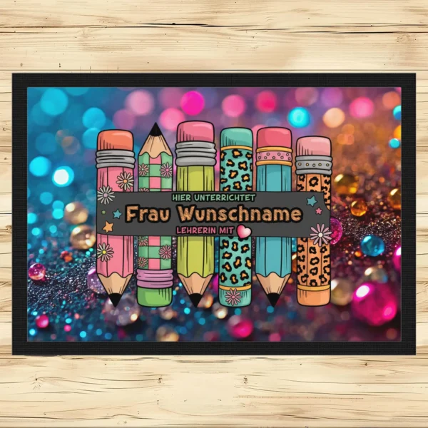 Fußmatte Lehrerin mit Herz mit Stiftemotiv und Wunschname bunt 2