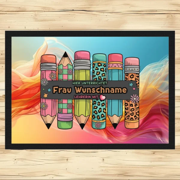 Fußmatte Lehrerin mit Herz mit Stiftemotiv und Wunschname bunt 3