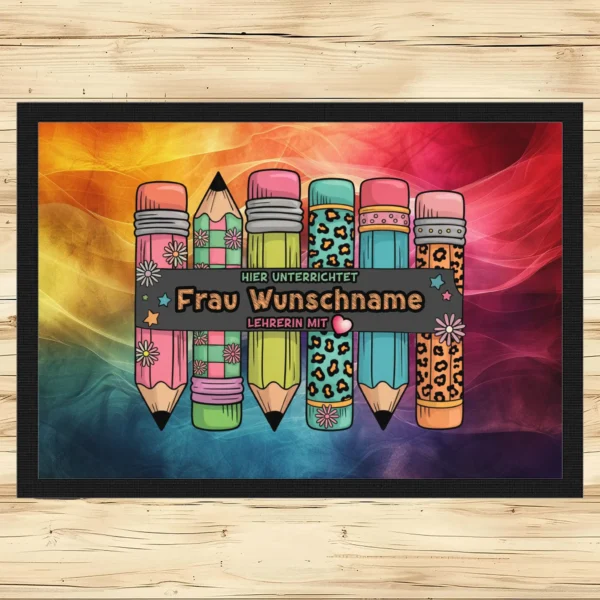 Fußmatte Lehrerin mit Herz mit Stiftemotiv und Wunschname bunt