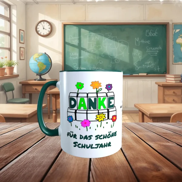 Danke fuer das schoene Schuljahr Tasse in Dunkelgruen links | tassenparadies.de