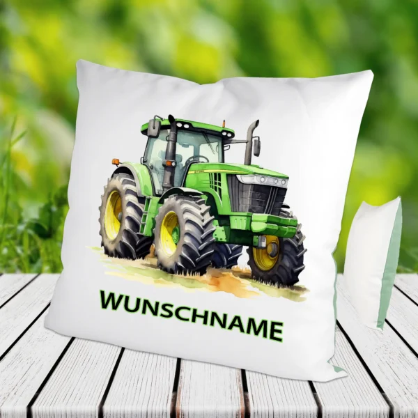 Traktor Kissen mit Wunschname in Seegrün