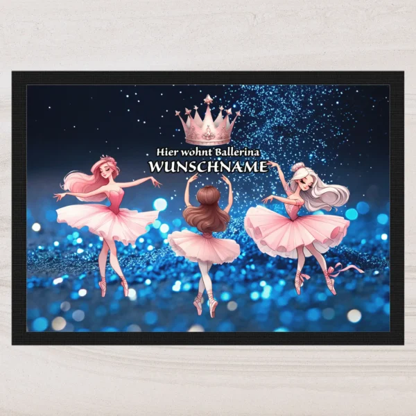 fussmatte ballerina mit wunschname glitzer blau | tassenparadies.de