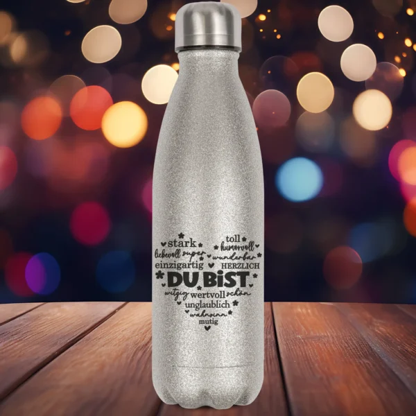 glitzerflasche du bist in silber