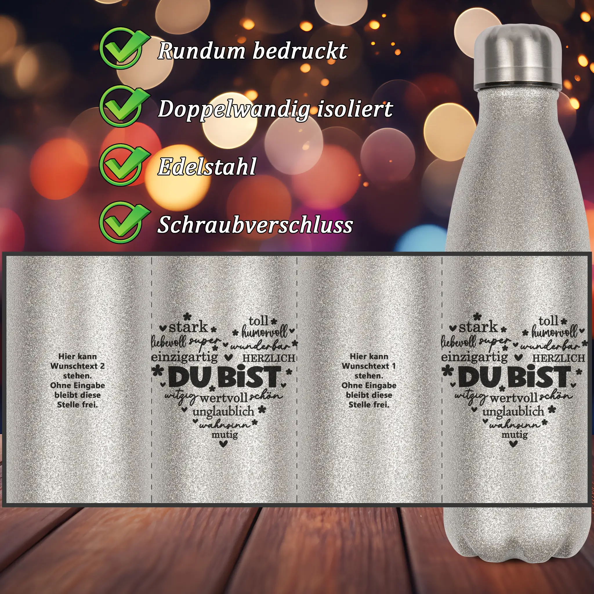 Glitzerflasche - Du bist - Liebevolle Worte umgeben von einer Herzblase – Bild 2