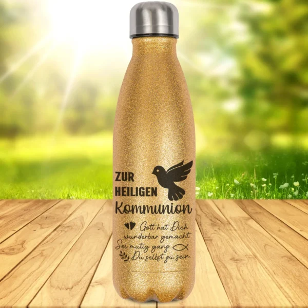 glitzerflasche zur heiligen kommunion geschenk in gold