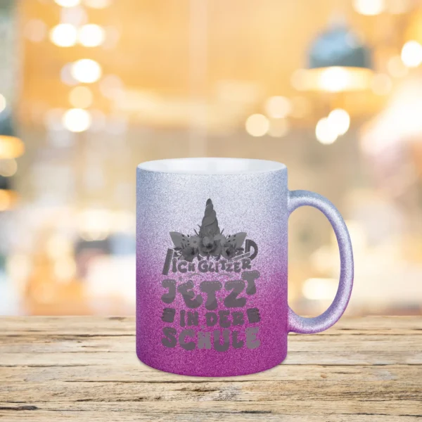 geschenk einschulung glitzertasse lila silber mit dem spruch - ich glitzer jetzt in der schule