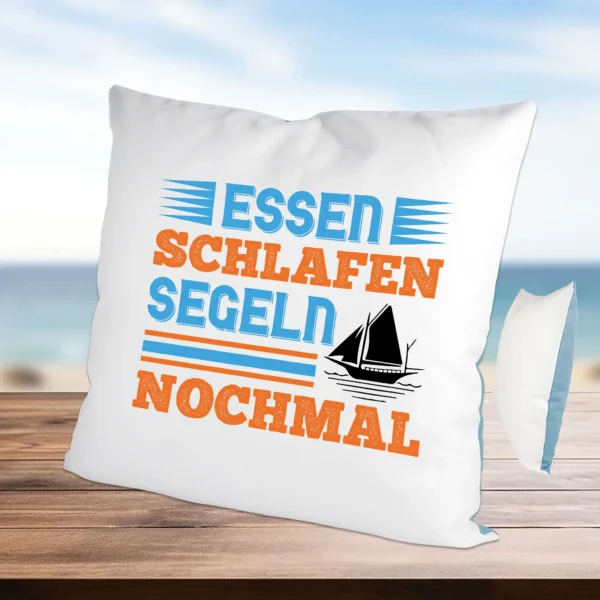 kissen geschenk segler mit dem spruch - essen schlafen segeln nochmal in himmelblau