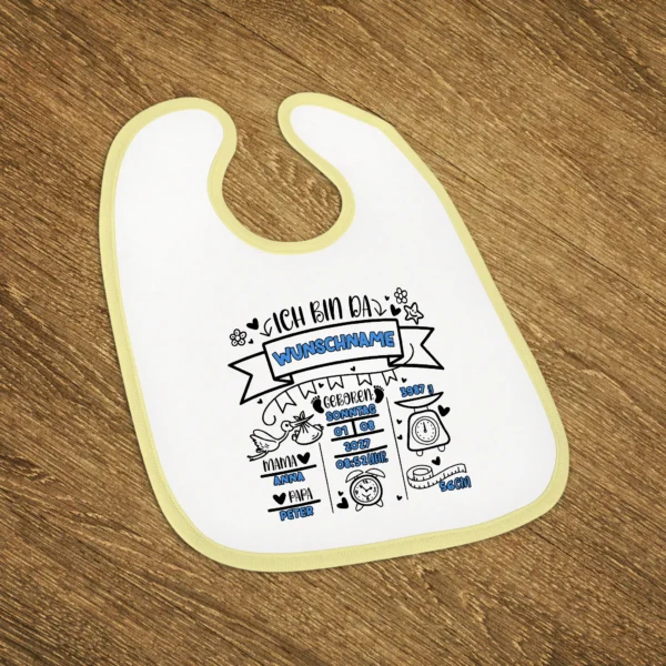 gelbes babylätzchen junge mit geburtdaten