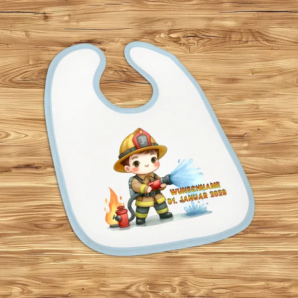babylätzchen feuerwehrmann junge mit hellblauem saum