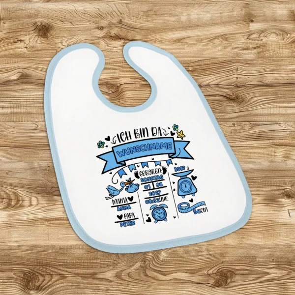 blaues babylätzchen junge personalisiert mit geburtsdaten blue edition