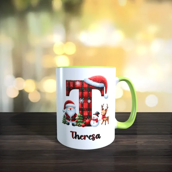 personalisierte weihnachtstasse mit name und initial t