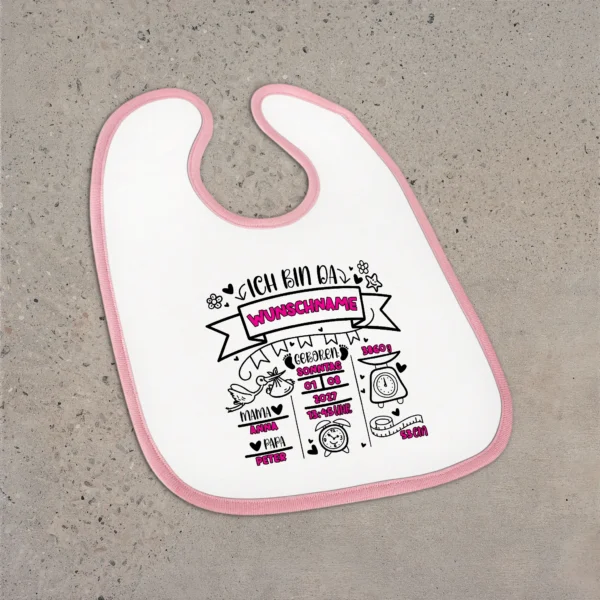 Alternative view of Babylätzchen mit Klettverschluss - Geburtsdaten mit pinker Schrift