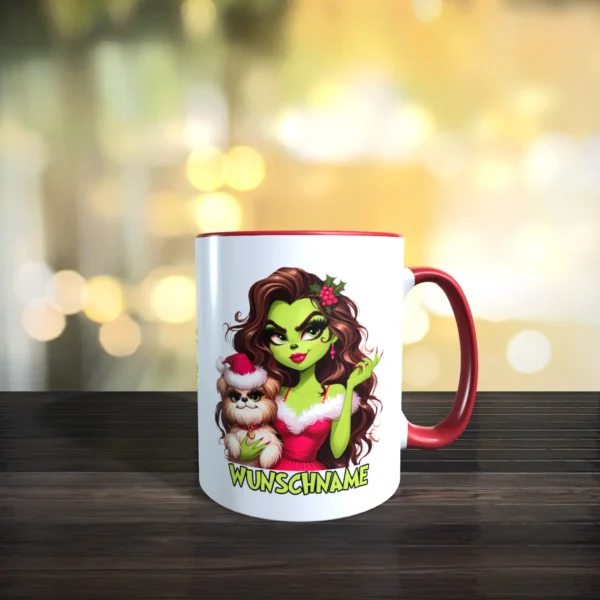 rote tasse grinch lady mit hund