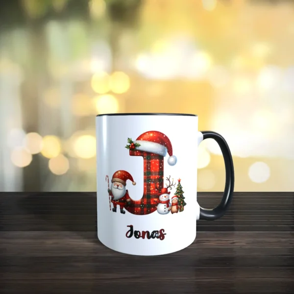 personalisierte weihnachtstasse mit name und initial j