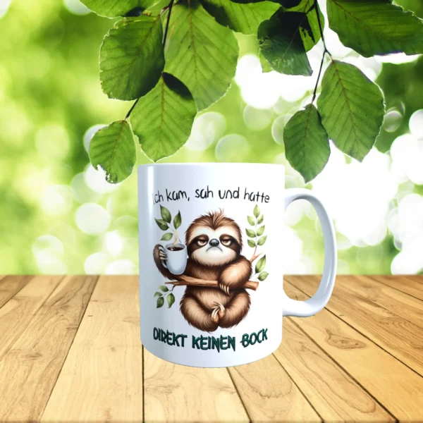 weisse faultier tasse mit dem spruch ich kam sah und hatte direkt keinen bock