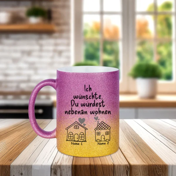 gold lila glitzertasse ich wuenschte du wuerdest nebenan wohnen 2 links | tassenparadies.de