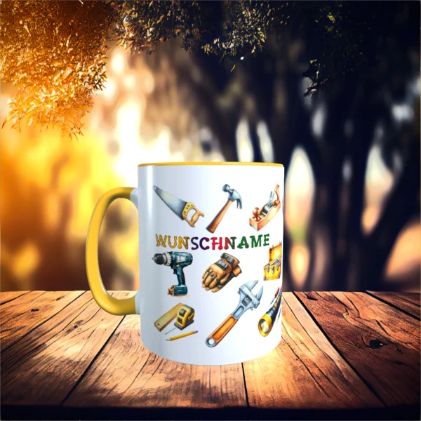goldgelbe tasse werkzeug Front | tassenparadies.de