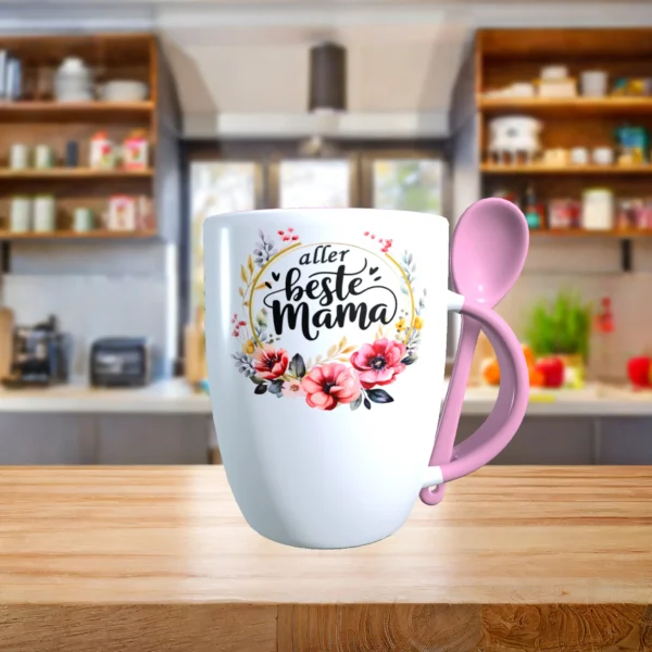 allerbeste mama tasse mit löffel und blumenrahmen in altrosa