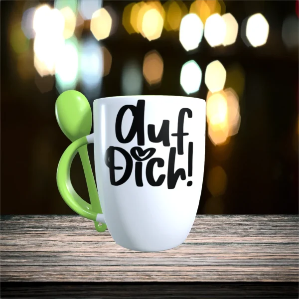 auf dich tasse mit loeffel gruen Front | tassenparadies.de
