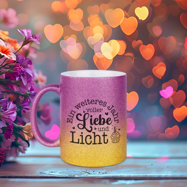 ein weiteres jahr voller liebe und licht glitzertasse goldlila links | tassenparadies.de
